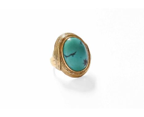A Turquoise Ring, the oval cabochon turquoise in a yellow rope twist setting, on a plain polished shank, finger size KStamped