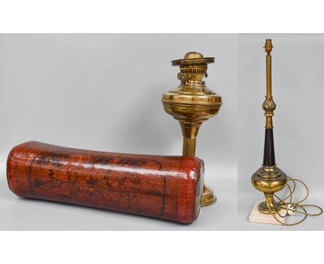 An Oriental Lacquered Headrest, together with a brass based tablelamp on marble plinth, a brass oil lamp base and a Border Fi