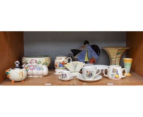 A Clarice Cliff Celtic Harvest Conserve Pot, two similar pieces, together with a Lorna Baily white Christmas teapot, Shelly S