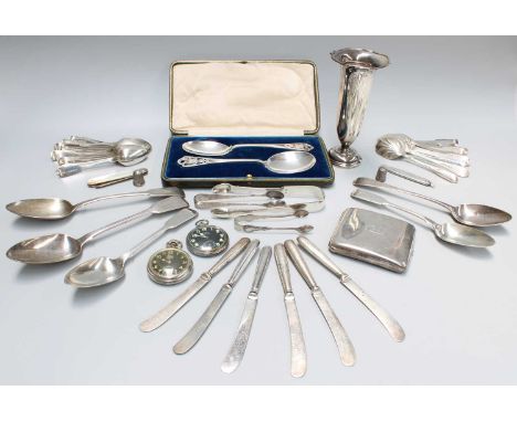 A Collection of Assorted Silver Flatware, including a cased set of serving spoons with pierced neo-classical style handles; a