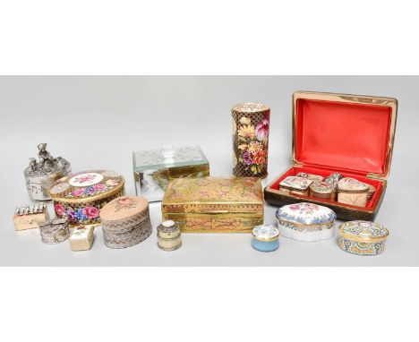 Twenty Trinket Boxes etc, including Halcyon Days, Dresden China, Crummles, Staffordshire enamels, Royal Selangor musical item