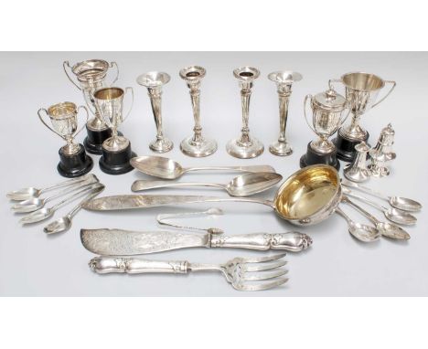 A Collection of Assorted George III and Later Silver, including five various small trophy-cups, one with a cover, each variou