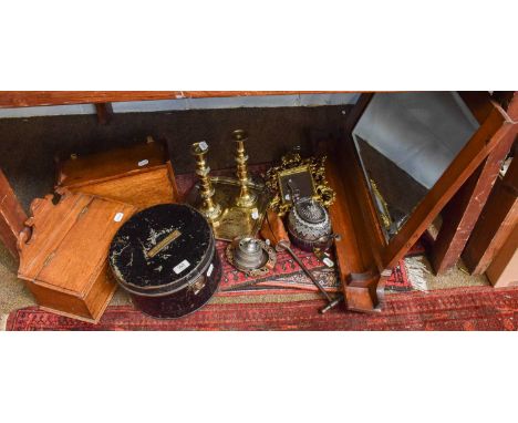A Group of Brass and Other Items, including Candlesticks, two oak boxes, a dressing table mirror, a tole ware hat box, etc, t