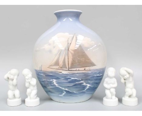 A Bing Grondahl Copenhagen Porcelain Vase, of ovoid form, decorated with a continuing seascape with yachts, printed marks, 30