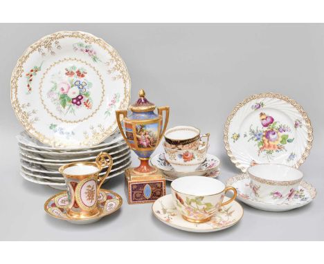 A Collection of British and European Porcelain, including "Vienna" urn, cover and stand, a similar cabinet cup, various Dresd