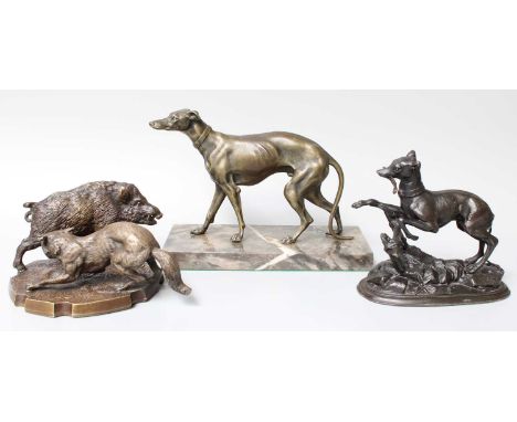 Two Patinated Metal Models of Hounds, and a further patinated brass model of a boar hunt (3)
