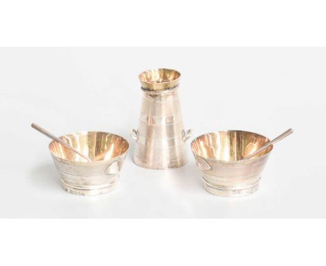 A Three-Piece Victorian Novelty Parcel-Gilt Silver Condiment-Set, by Saunders and Shepherd, The Salt-Cellars London, 1889, Th