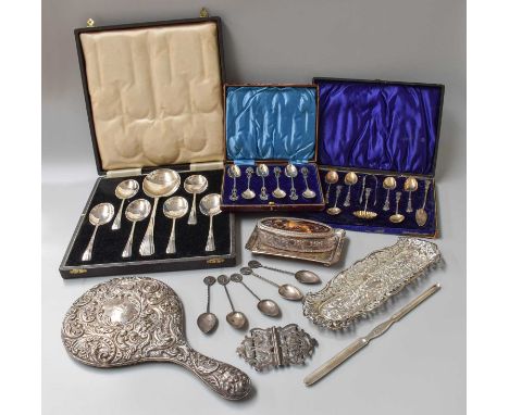 A Collection of Assorted Silver and Silver Plate, comprising a shaped oblong silver pin-tray; a silver and tortoiseshell moun