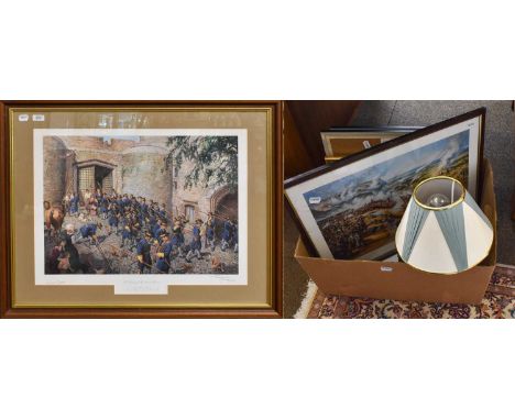 After Terence Cuneo "The Raising of The Green Howards", signed print, together with various other military prints, and a bugl