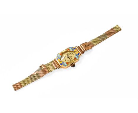 A Lady's 18 Carat Gold Enamel Wristwatch, signed Orator, rolled gold braceletThe case back is stamped 18 k, bracelet clasp is