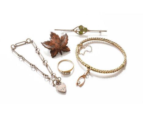 A Small Quantity of Jewellery, including a diamond five stone ring, unmarked, finger size P1/2; a bangle (a.f.); a clover aga