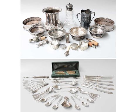 A Collection of Assorted Silver and Silver Plate, the silver including a silver-mounted cut-glass caster, Sheffield, 1913; as