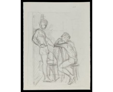 Paul Cadmus (American, 1904-1999). Graphite on paper drawing depicting a study or sketch of two figures posing with chairs.Pr