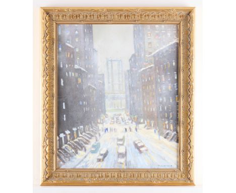 Christopher Willett (American, b. 1959). Oil on board cityscape painting depicting a snowy street with skyscrapers and a brid
