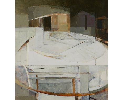 Brad Widness (American, 20th/21st c). Mixed media work titled "On The Dock, On The Plane," 2001. Signed, dated, and titled al