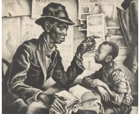 Thomas Hart Benton (American, 1889-1975). Lithograph on paper titled "Instruction" depicting a man teaching a young boy about