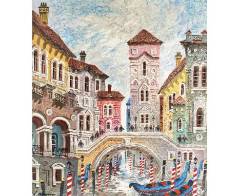 Anatole Krasnyansky (American/Ukrainian, b. 1930). Color serigraph on wove paper depicting a vibrant Venetian canal scene. Si