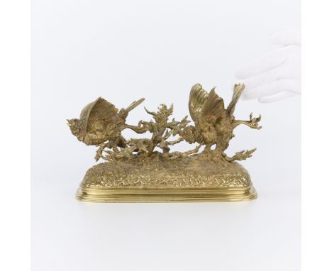 Ferdinand Pautrot (French, 1832-1874). Bronze sculpture depicting two birds soaring amid branches and foliage, 19th century. 