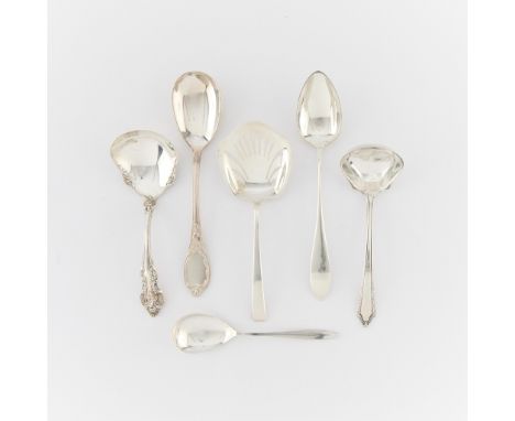 Group of six sterling silver serving pieces. Including:Gorham, United States. One soup spoon in the Gossamer pattern, marked 