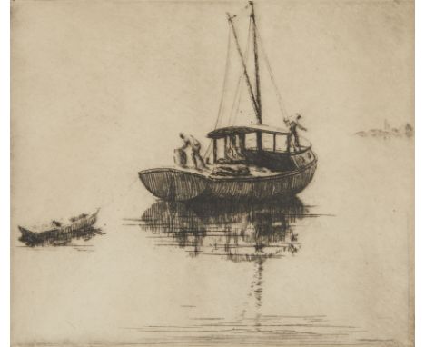 Harry Lindley Hosford (American, 1877-1945). Etching on paper depicting a fishing boat in a harbor with two fishermen. Pencil