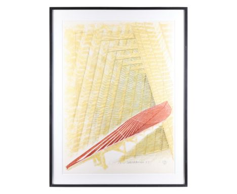 Robert Stackhouse (American, b. 1942). Lithograph on paper titled "Red Deck and Passage Structure" depicting a geometric atti