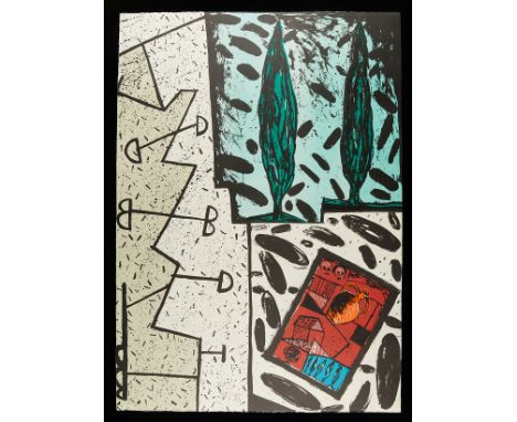 Italo Scanga (Italian/American, 1932-2001). Lithograph and woodcut on arches cover white paper print titled "Two Cypress" dep