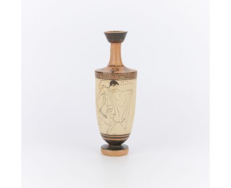 Neoclassical Greek or Athenian terracotta attic pottery ceramic funerary lekythos or oil flask vessel depicting a young figur
