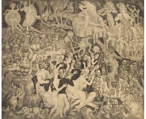 Eduard Wiiralt (Estonian, 1898-1954). Copperplate etching on paper titled "Kabaree (Cabaret)" depicting an intense surrealist