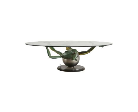 Dale Evers (American, b. 1955). Sculptural painted metal or bronze and glass cocktail or coffee table depicting two frogs in 