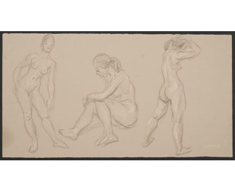 Paul Cadmus (American, 1904-1999). Crayon on paper sketch drawing depicting three female nudes. Signed along the lower right.