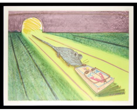 Red Grooms (American, b. 1937). Lithograph in colors on wove paper titled "Mid-Rats," depicting a rat approaching a trap in a