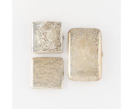 Group of three sterling cases, including:One sterling cigarette case with foliate details, griffin and initials WKW. Gilt was