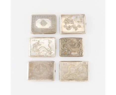 Group of six Eastern silver cigarette cases, including:One case with pebbled surface and dragon and bat details on the front,