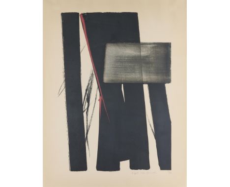 Toko Shinoda (Japanese, 1913-2021). Lithograph on paper titled "Night" depicting abstract shapes of deep black ink. Pencil si