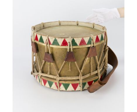 Dutch wooden side snare or barrel drum with bands of painted triangular motifs along the upper and lower circumference of the
