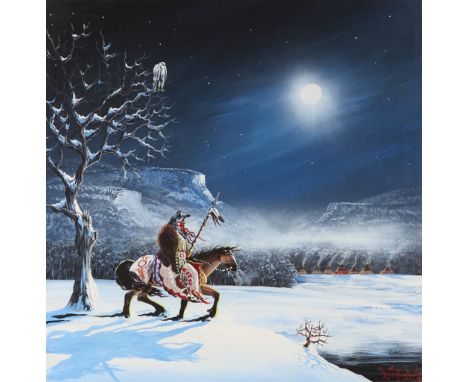 Loren Two-Bulls (Oglala Lakota, 1965-1998). Oil on board painting depicting a Native American man on horseback walking throug