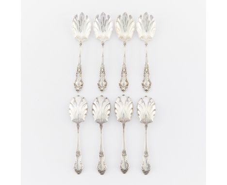 Mechanics Sterling Co., United States. Group of eight ice cream forks. Each with a swirling floral design and R monogram. Mar
