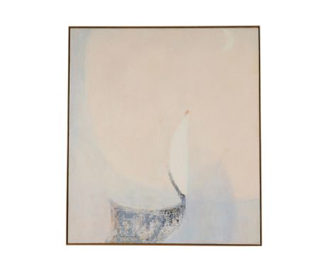 Michio Takayama (Japanese, 1903-1994). Large oil on canvas painting titled "Evening Crane" depicting an abstracted bird again
