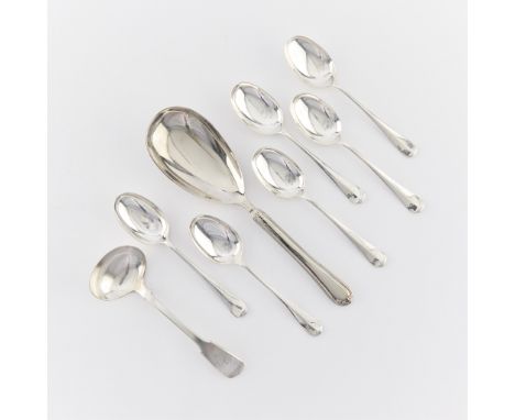 Group of eight spoons, including six tablespoons, with monogram HC and marked G&amp;H, crown for Sheffield, lion passant, and
