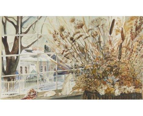 Charles Robert Perrin (American, 1915-1999). Watercolor on paper painting depicting a still life of a winter windowsill, 1977