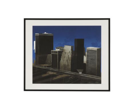 Jorge Castillo (Spanish, b. 1933). Large lithograph on paper titled "Night, Wall Street, New York" depicting a darkened city,
