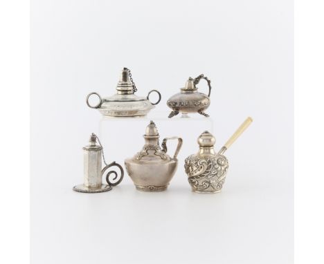 Group of 5 table lighters in various forms, including:One sterling heart form table lighter on three feet with snuffer, marke
