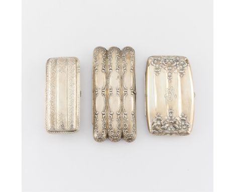 Group of three sterling silver cigar cases. Including:One sterling silver cigar case with three slots, hook closure, and repo