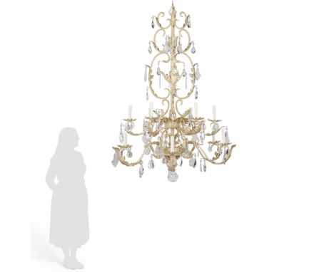 Woodland Furniture, United States. Large "La Fontaine" chandelier with gold brushed highlights. Three internal lights and twe