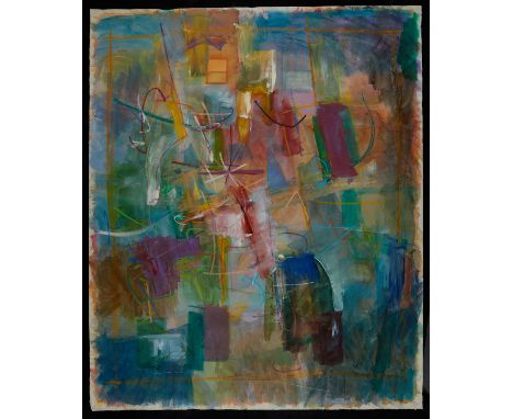 Patrick Bradley (American, 20th/21st c). Acrylic on canvas painting titled "A City I've Lived In" depicting a dazzling abstra