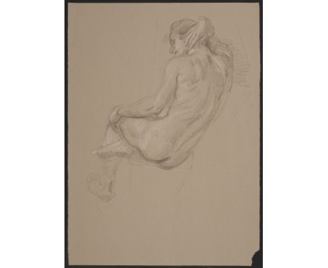 Paul Cadmus (American, 1904-1999). Crayon on paper drawing depicting a sketch of a nude seated figure.Provenance: Estate of P