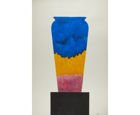 Ed Baynard (American, 1940-2016). Acrylic on canvas painting titled "Abstraction" depicting a large vase colored with pink, y