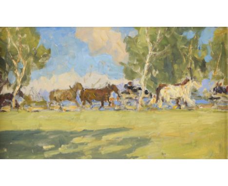 Konstantin Vysotsky (Russian, 1864-1938). Oil on board landscape painting depicting horses in a sunny meadow.Sight; height: 6