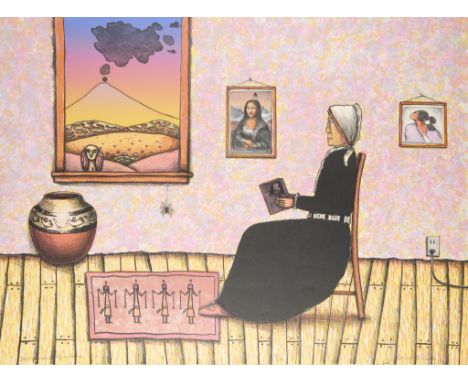David Bradley (Chippewa, b. 1954). Lithograph on Arches paper titled "Surrounded by Indians," 1982. Pencil signed along the l