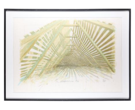 Robert Stackhouse (American, b. 1942). Lithograph on paper titled "Niagara Dance," depicting a winding attic-like space, 1986